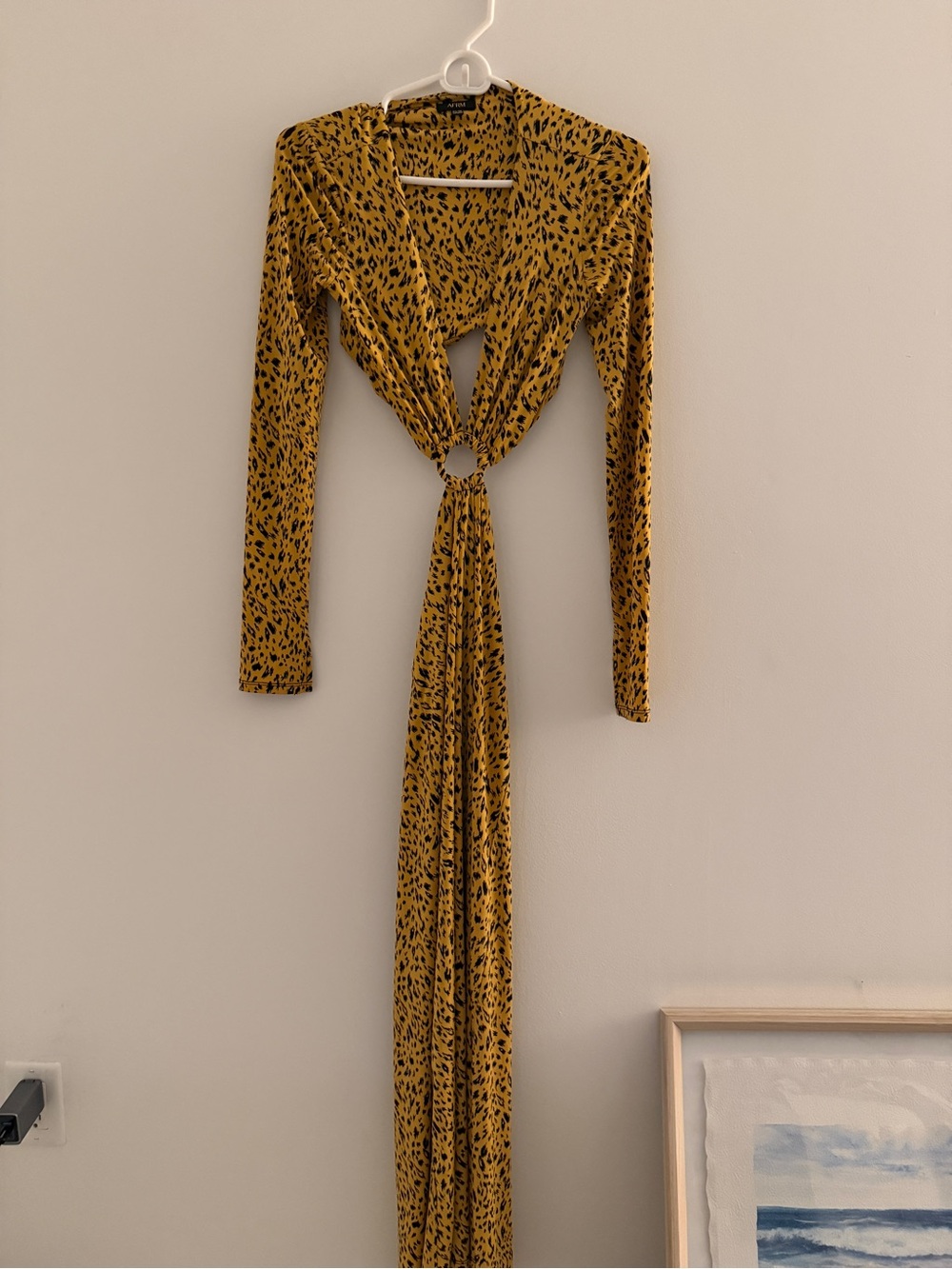 ASTR Mustard Yellow Long Sleeve Tie-Front Animal Print Dress
